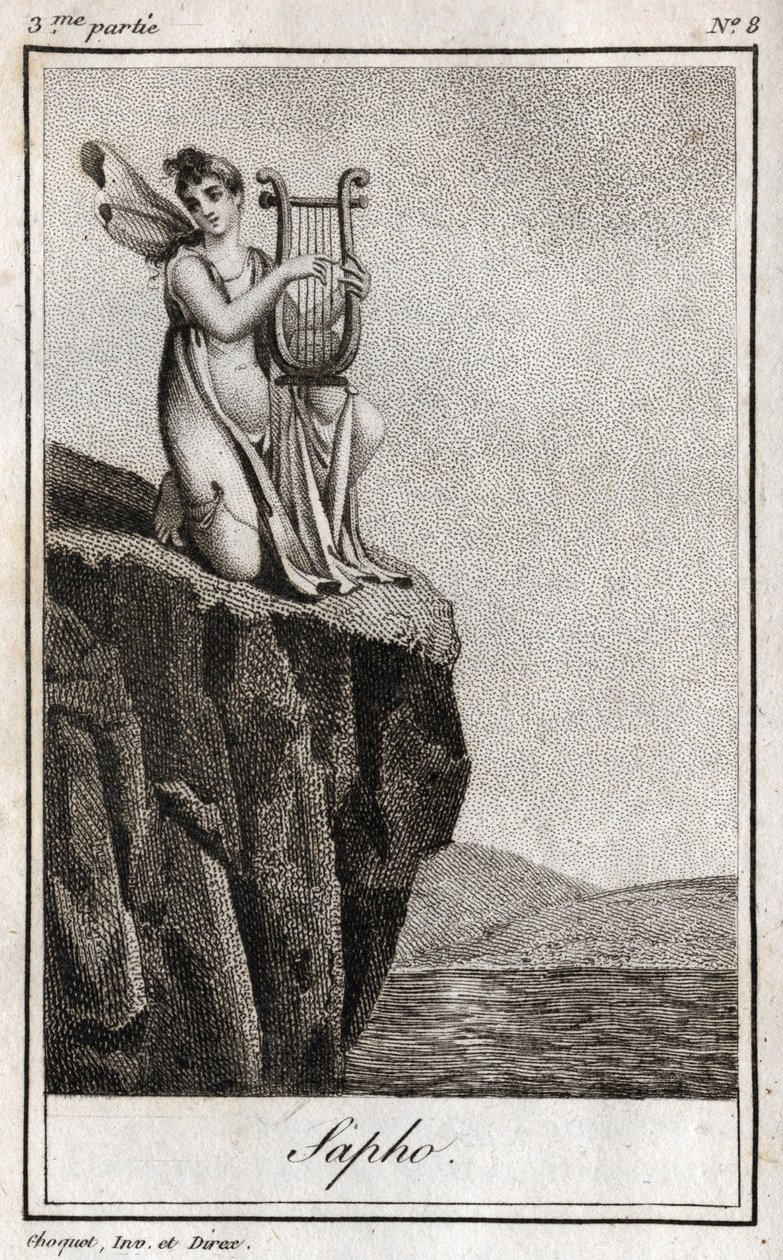Sapho (eller Sappho, 7. århundrede f.Kr.), græsk digter af antikken. Stik fra 1819 i "Lettres a Emilie sur la mythologie" af Charles Albert Demoustier (1760-1801). Privat samling. af Anonymous Anonymous