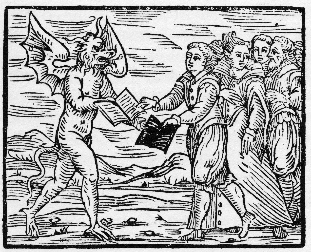 Satan præsenterer en sort bog til tilhængere i bytte for evangeliernes bog - "Compendium Maleficarum", omhandler hekse, deres ulykker og deres sortileges af Francesco Maria Guazzo eller Guaccio eller Guaccius (15?? -16??) 1608 privatsamling af Anonymous Anonymous
