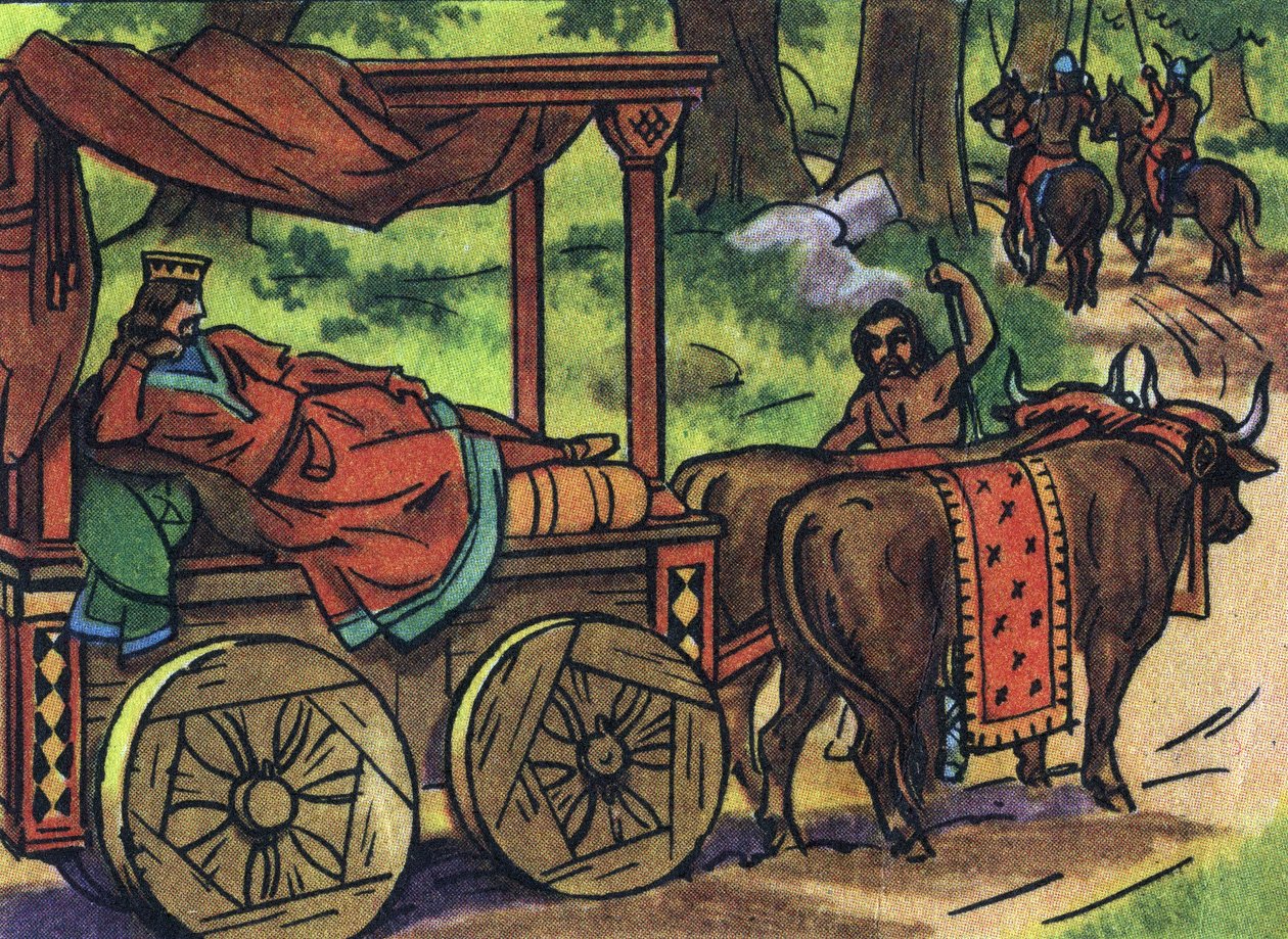 Scene, der forestiller de dovne konger: Kongen af Frankrig Thierry III (673-691) bærer i en tank med en seng trukket af okser. Anonym illustration i "" Collection des souverains et chefs d