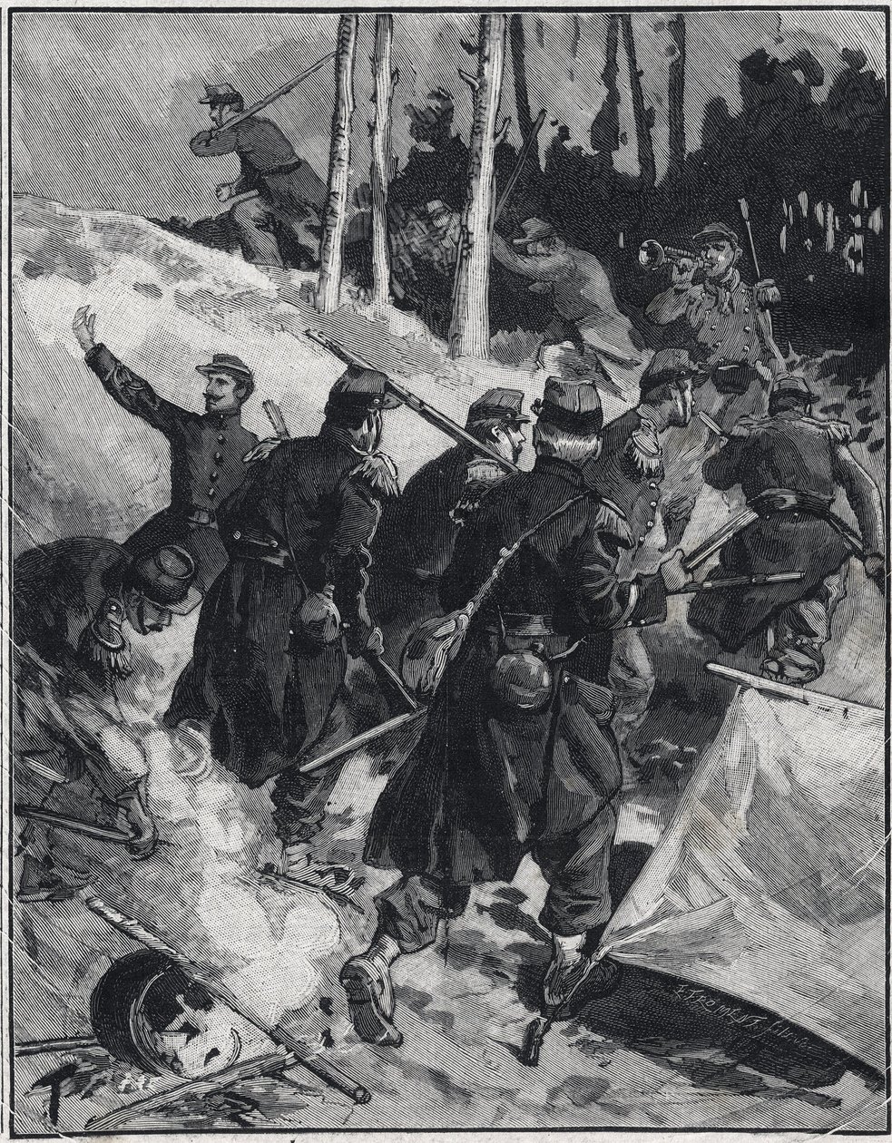 Scene i romanen af Emile Zola (1840-1902) "The Debacle"". Indgravering i "" Le petit parisien"" den 28/02/1892. Privat samling af Anonymous Anonymous