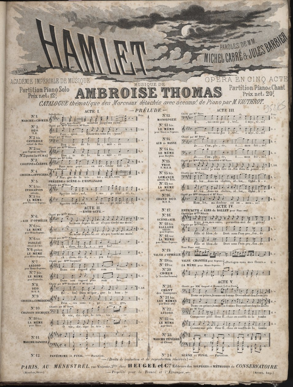 Partitur af "" HAMLET"" Opera af Ambroise Thomas i fem akter på en libretto af Jules Barbier & Michel CarreCollection privat. af Anonymous Anonymous