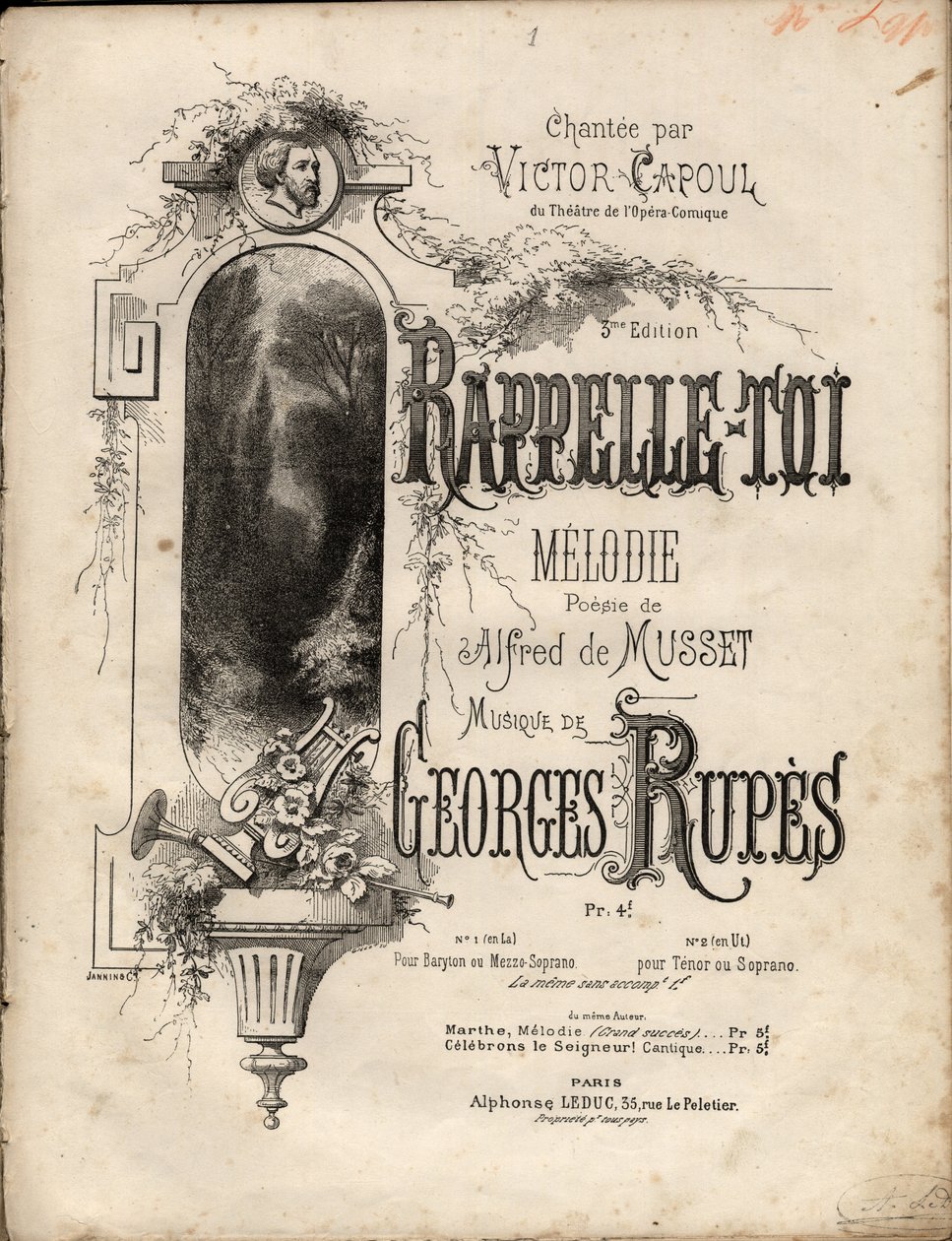Partitur af "" husk-se"" melodi af Georges Rupes efter en poesi af Aldre de Musset. Privat samling. af Anonymous Anonymous