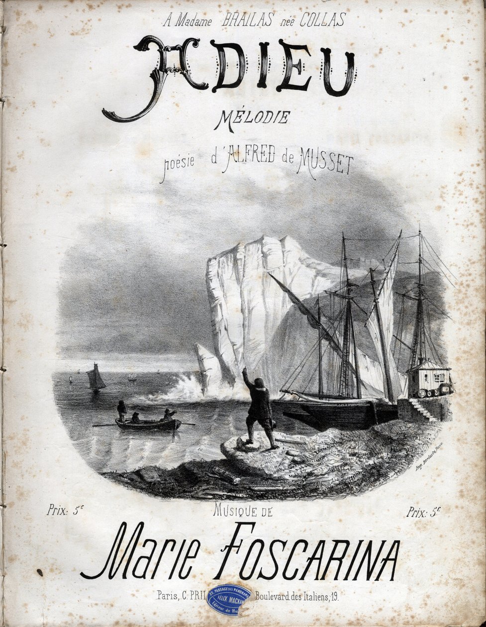Partitur af melodien "" Farvel"" af Marie Foscarina efter digtning af Alfred de Musset. Privat samling. af Anonymous Anonymous