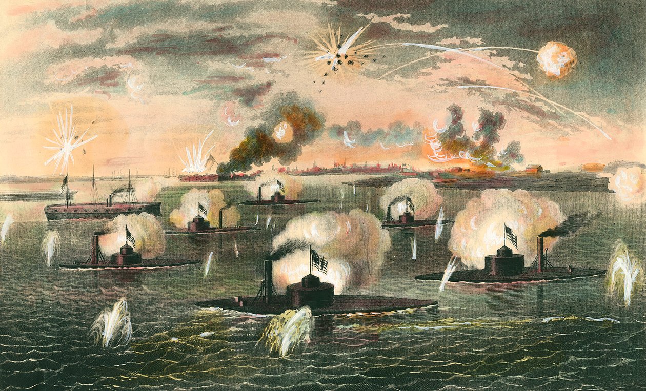Secession War (1861-1865): "" Angreb af flydende batterier slagskibe under Secession War"" Indgravering omkring 1865. Privat samling af Anonymous Anonymous