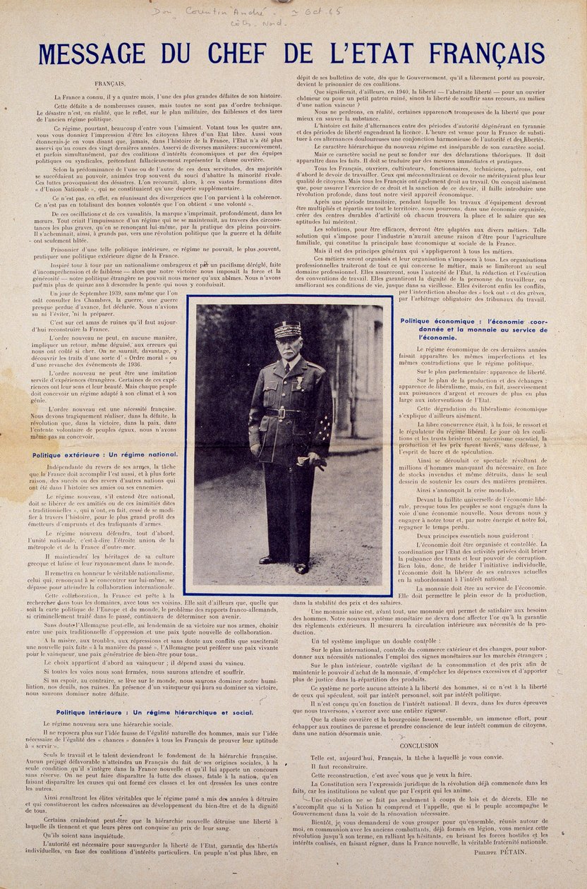 Anden Verdenskrig og Vichy-regimet: besked fra det franske statsoverhoved Philippe Petain offentliggjort efter våbenhvilen underskrevet af Frankrig i juni 1940 og præsenterer programmet for den nationale revolution, efteråret 1940. Privat samling af Anonymous Anonymous