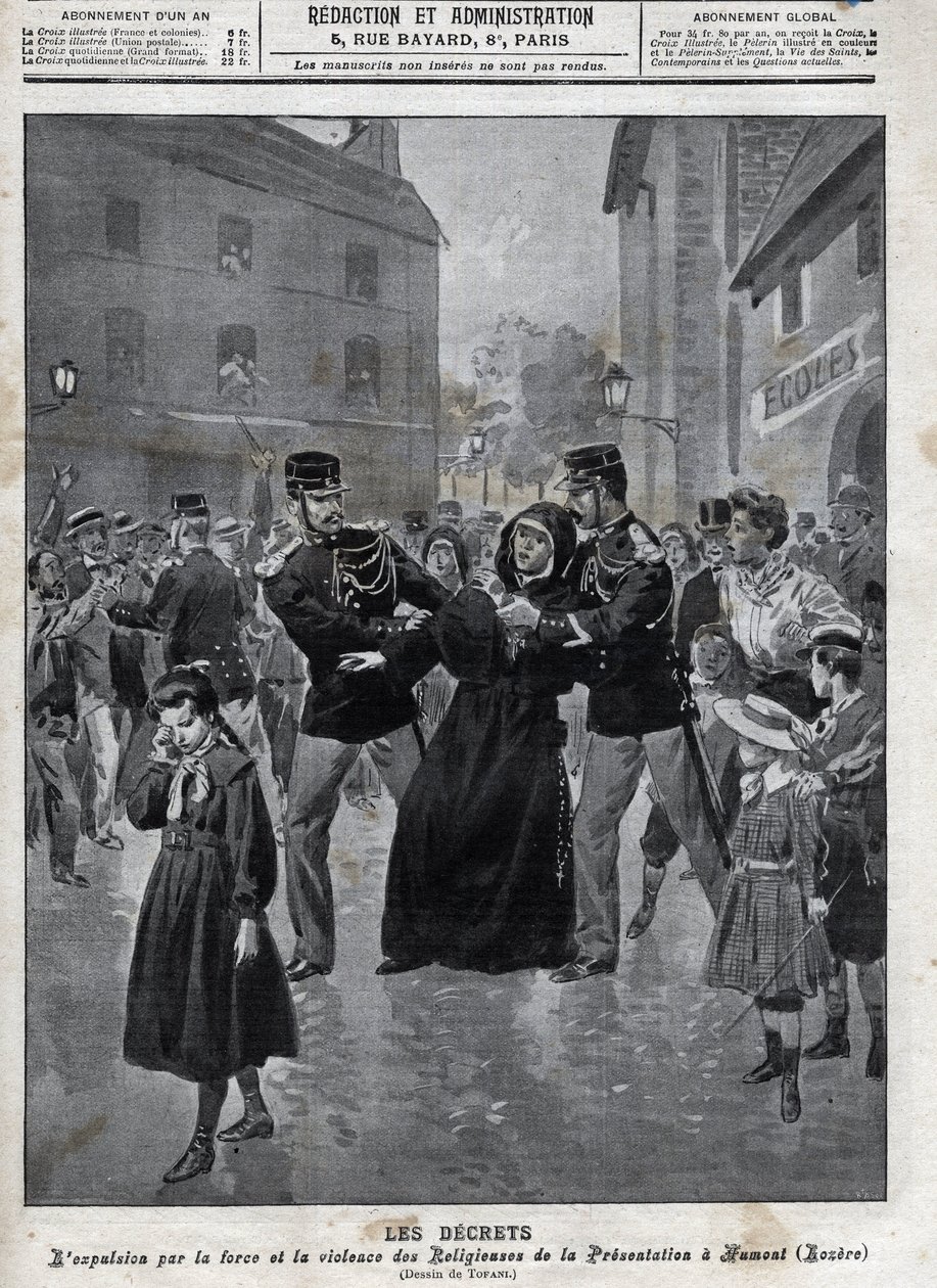 Adskillelse fra kirke og stat - Udvisning af nonner fra deres skoler af retshåndhævelse i Humont (Lozere) - forside af "la-croix illustree" fra 1902 - af Anonymous Anonymous