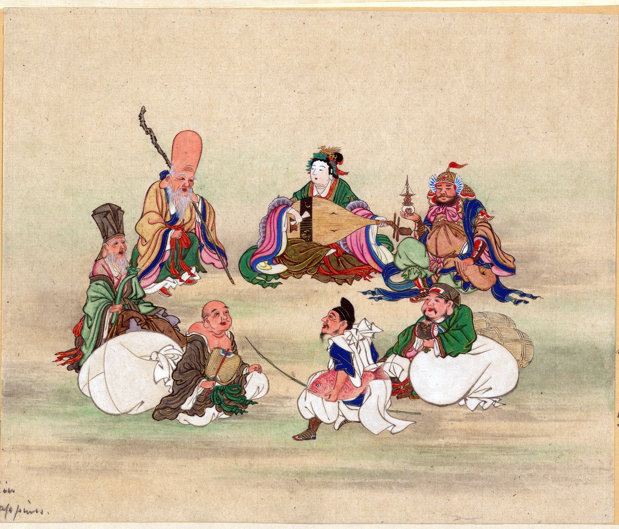 Sept Divinites du Bonheur - Seven Lucky Gods par Anonymous, ca 1878 - Akvarel og blæk på papir, 25x17,8 - Privat samling af Anonymous Anonymous