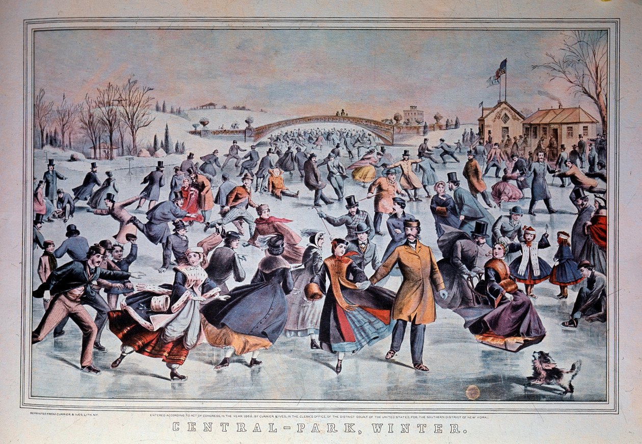 Skøjteløb på den frosne sø i Central Park i New York City, USA. 1800-tallets privatsamling af Anonymous Anonymous