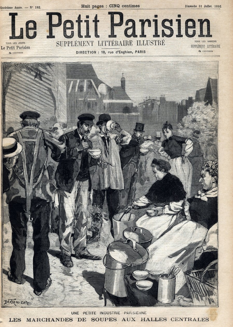 Lille parisisk industri: suppehandlere på de centrale markeder. Gravering. En af avisen "" Le petit parisien"" den 31/07/1892. Privat samling af Anonymous Anonymous