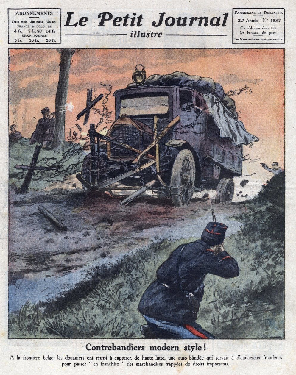 Smuglere ombord på en pansret bil fyldt med tobakspakker krydsede den belgiske grænse med magt og blev neutraliseret af toldere. Illustration taget fra "" Le petit journal illustrious""" af 22/05/1921. Privat samling af Anonymous Anonymous