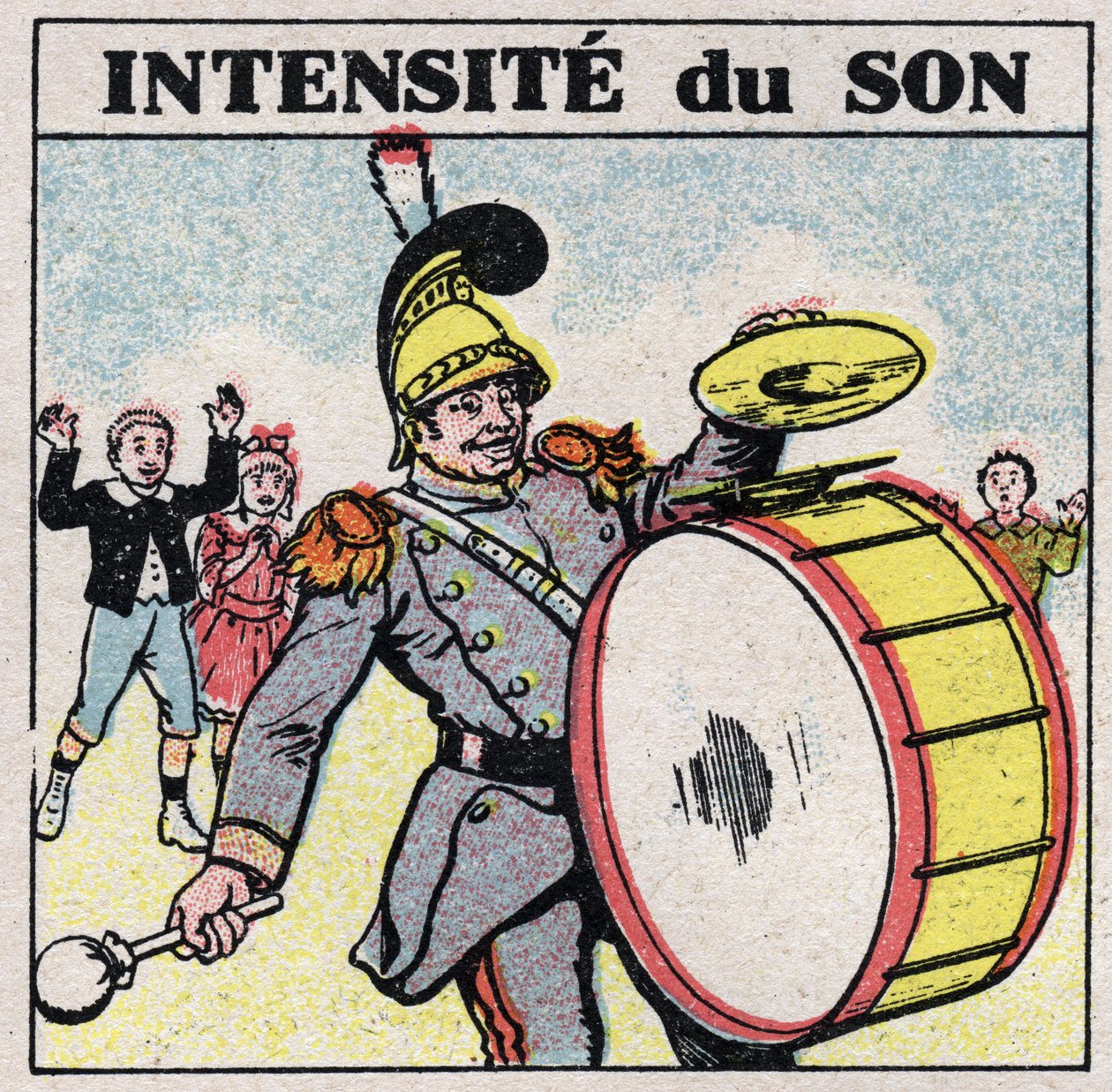 Lydenergi: intens lyd. Bastrommen i et militærband. Anonym illustration fra 1925. Privat samling. af Anonymous Anonymous