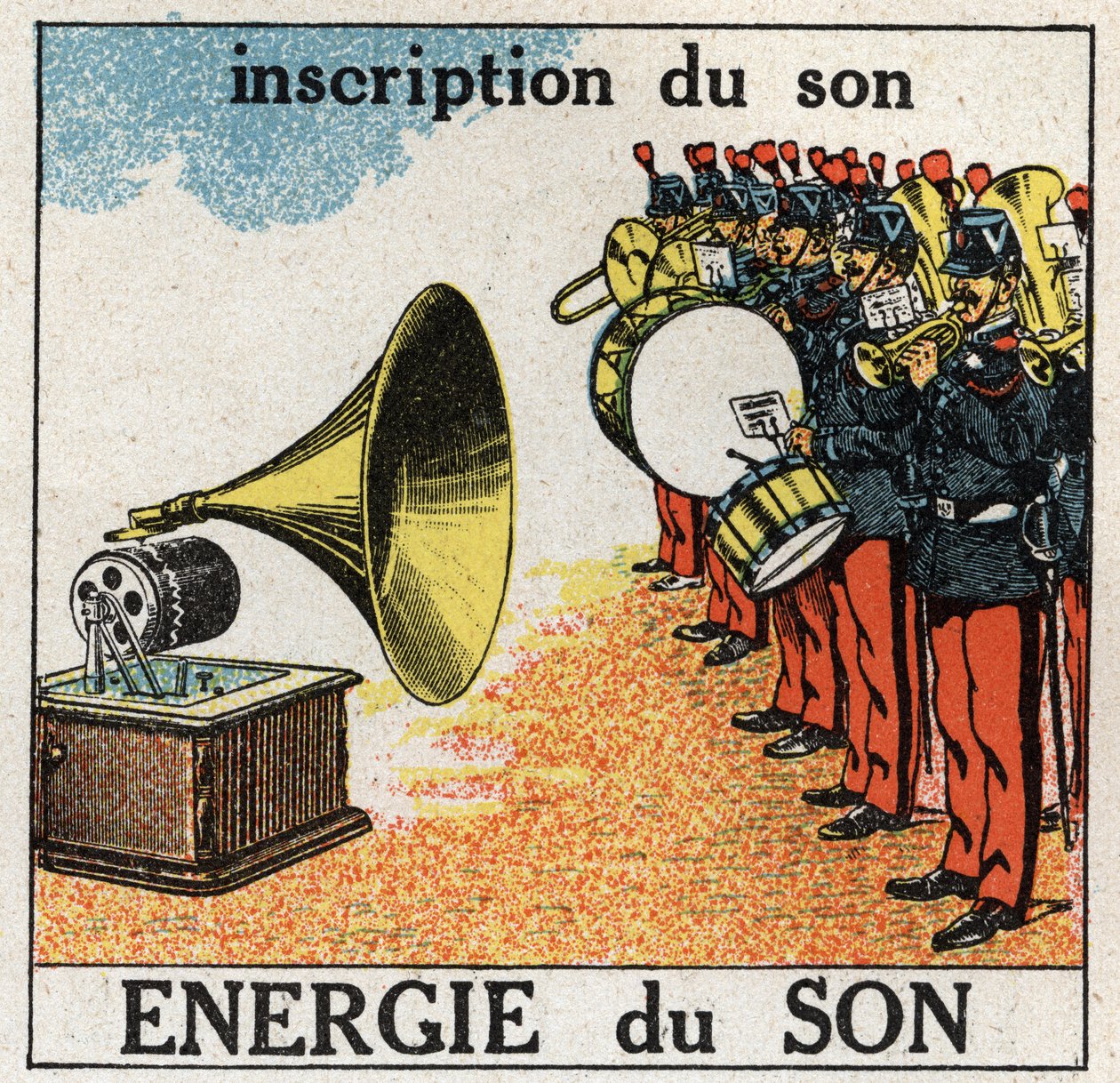 Lydenergi: optagelse af musik fra et militærband med en grammofon. Anonym illustration fra 1925. Privat samling. af Anonymous Anonymous