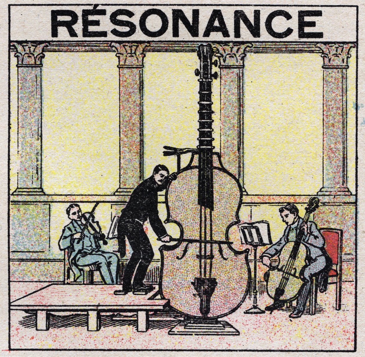 Lydenergi: resonans brugt i etableringen af musikinstrumenter. Anonym illustration fra 1925. Privat samling. af Anonymous Anonymous
