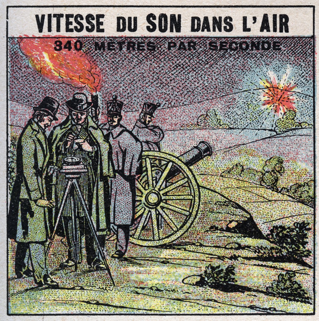 Lydenergi: lydens hastighed i luften. Erfaring fra 1822 af Louis-Joseph Gay-Lussac (Louis Joseph Gay Lussac) (1778-1850) og Francois Arago (1786-1853), der affyrede en række kanonskud mellem Montlhery og Villejuif. Anonym illustration fra 1925 af Anonymous Anonymous