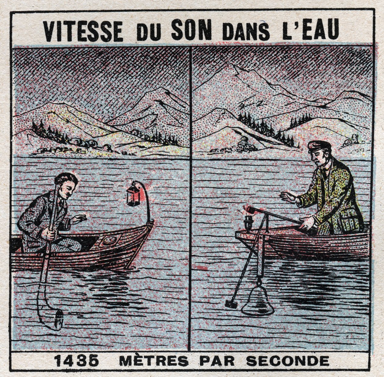 Lydenergi: lydens hastighed i vand. Erfaring fra 1826-1827 af Jean Daniel (Jean-Daniel) Colladon (1802-1893) og Charles Francois Sturm (1803-1855) ved Genevesøen (Leman-søen). To både fortøjet 14 km fra hinanden, en af bådene understøttede en klokke, en ha af Anonymous Anonymous