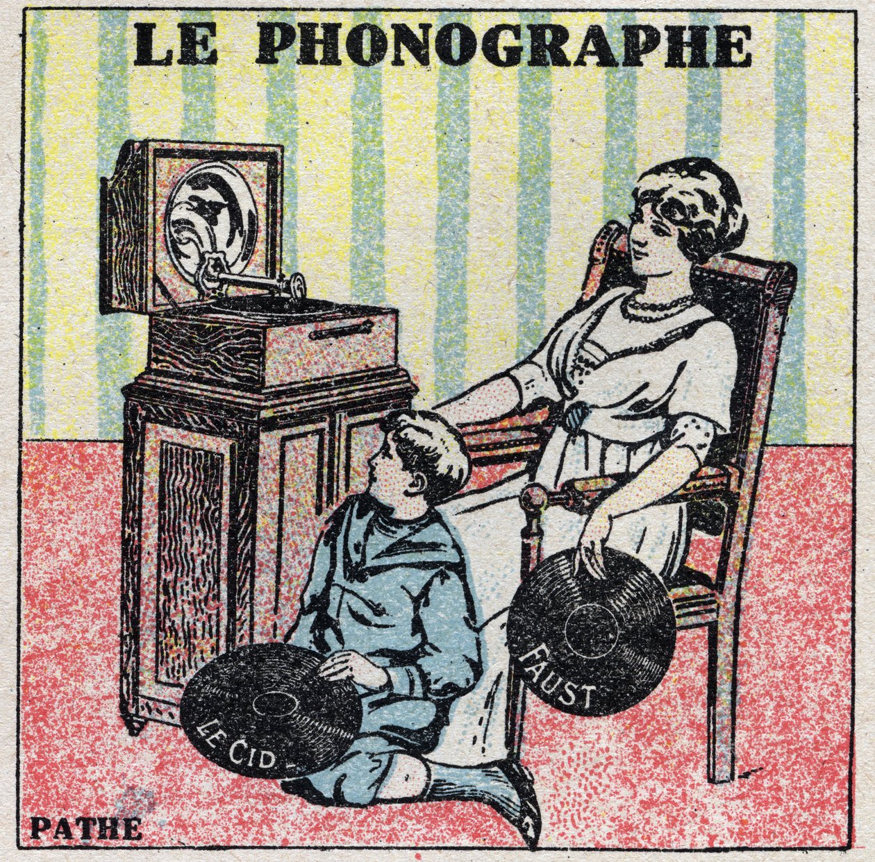 Lydenergi: fonografen. En mor og hendes søn lytter til en plade på en Pathe-fonograf. Anonym illustration fra 1925. Privat samling. af Anonymous Anonymous