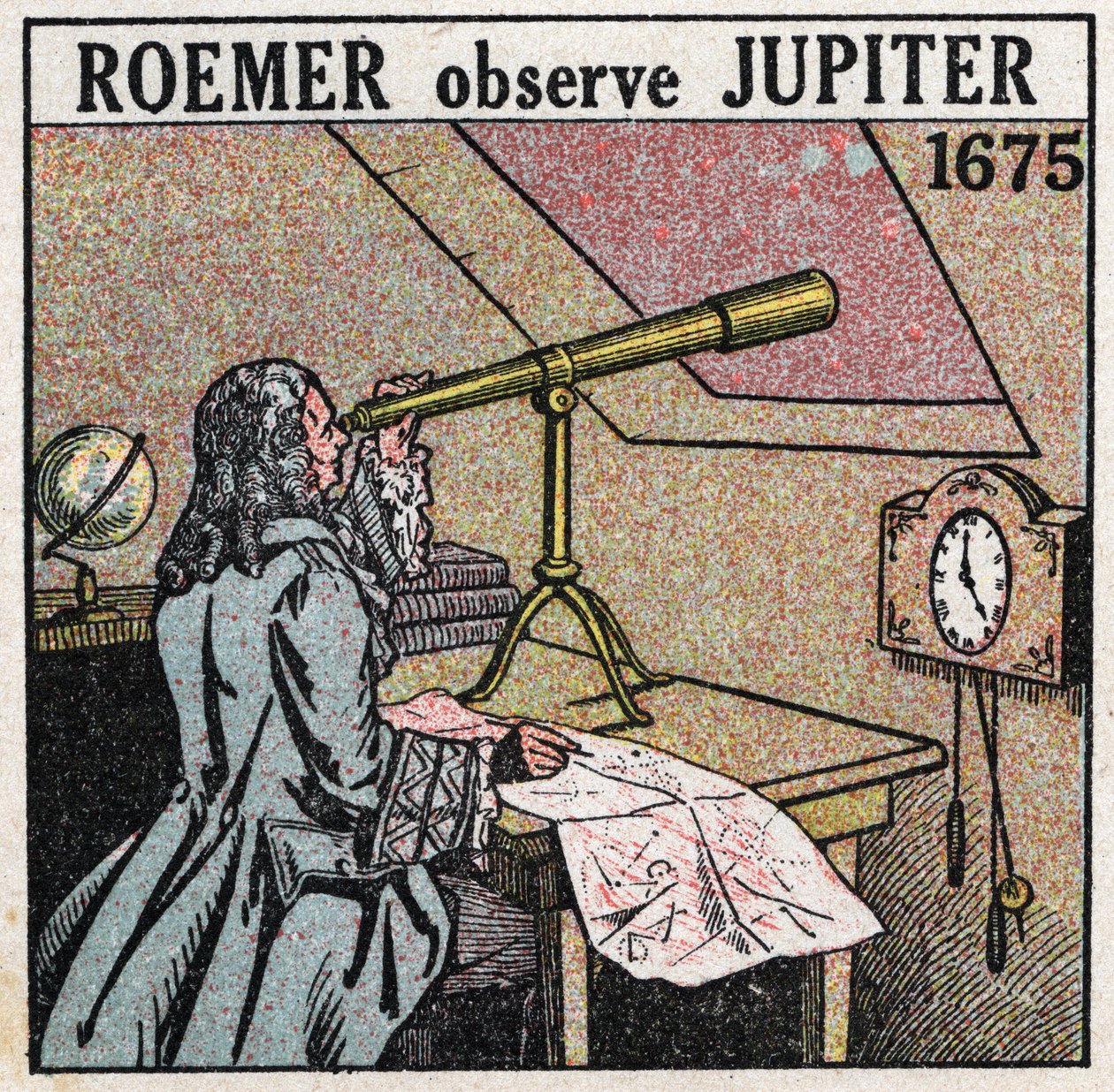Lysets hastighed: Den danske astronom Ole Christensen Romer (Olaus Roemer) (1644-1710) observerer formørkelserne af Jupiters satellitter i 1675-1676 og bruger dem til at måle lysets hastighed. Anonym illustration fra 1925. Privat samling. af Anonymous Anonymous