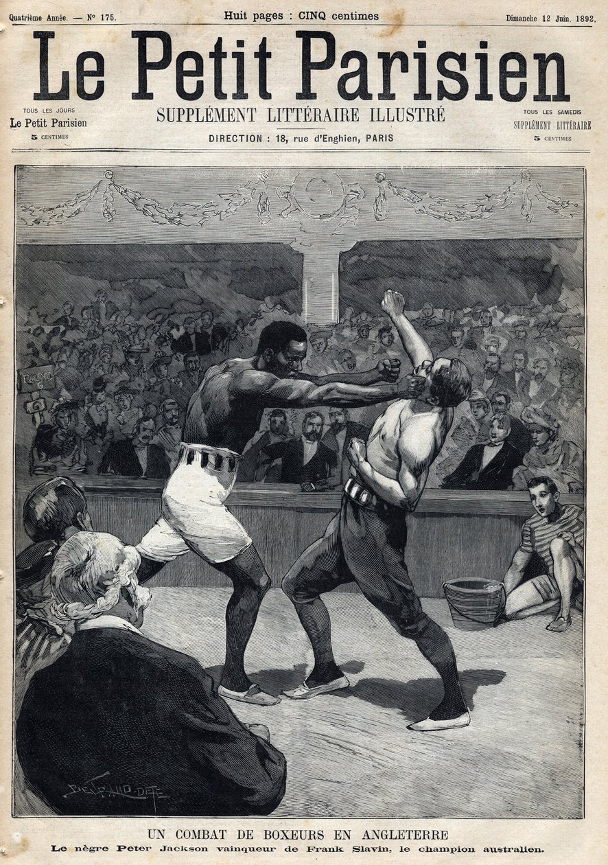 Sport, Boksning: En bokserkamp i England mellem Peter Jackson og den australske mester Frank Slavin. Gravering. En af avisen "" Le petit parisien"" den 12/06/1892. Privat samling af Anonymous Anonymous