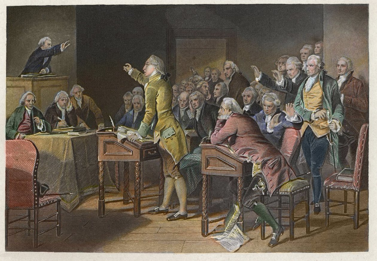 Stamp Act (Duties in American Colonies Act) - Den amerikanske revolutionsleder Patrick Henry (1736-1799) taler imod Stamp Act i Virginia House of Burgesses i 1765 - Tale af Patrick Henry mod Stamp Act i 1765 for House of af Anonymous Anonymous