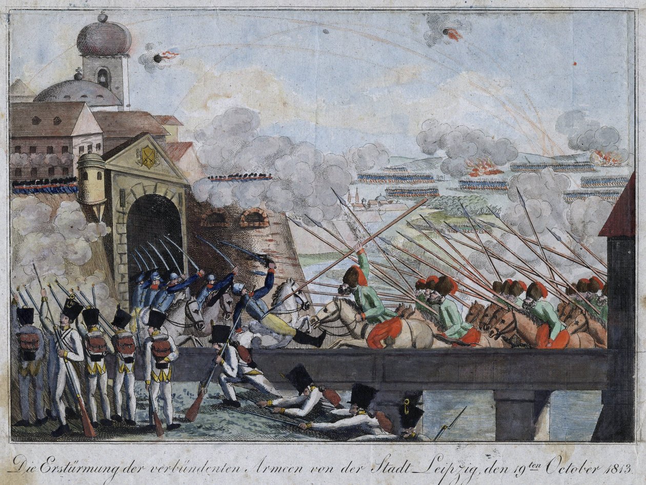 Stormning af byen Leipzig af de allierede tropper - bataille de Leipzig ou bataille des nations (16-19 sctobre 1813) - Anonym - 1813 - Radering, akvarel - 33,3x27 - Privat samling af Anonymous Anonymous