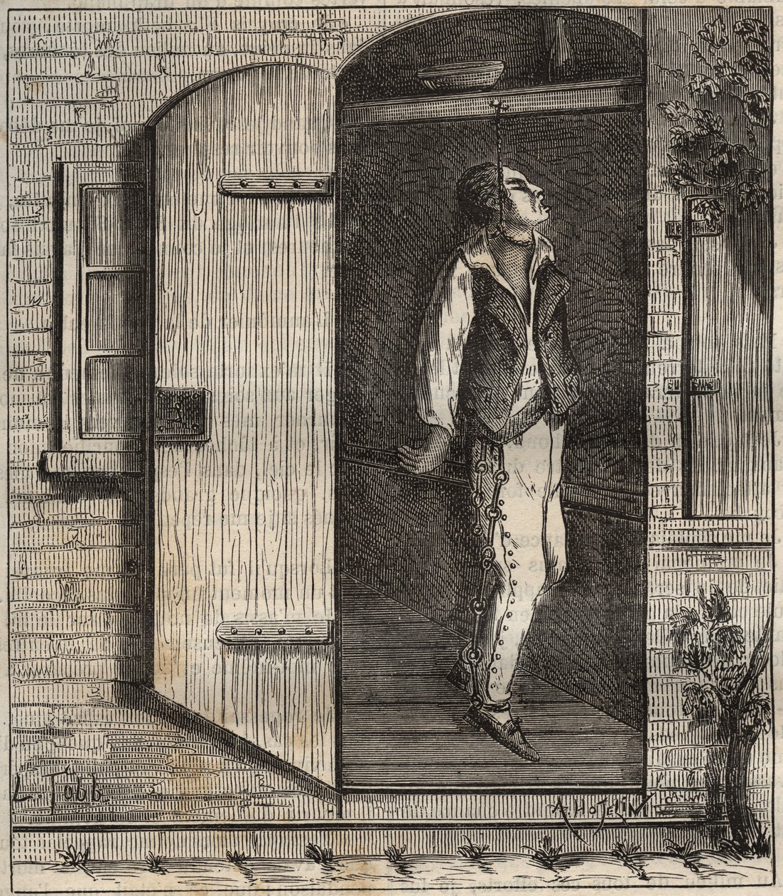 Selvmord i Rochefort-fængslet i 1840. Indgravering i "Historien om fængslerne fra deres skabelse til i dag"" (1877) af Pierre Zaccone (1817-1895) (Colonia Penale - Straffekoloni). Privat samling. af Anonymous Anonymous