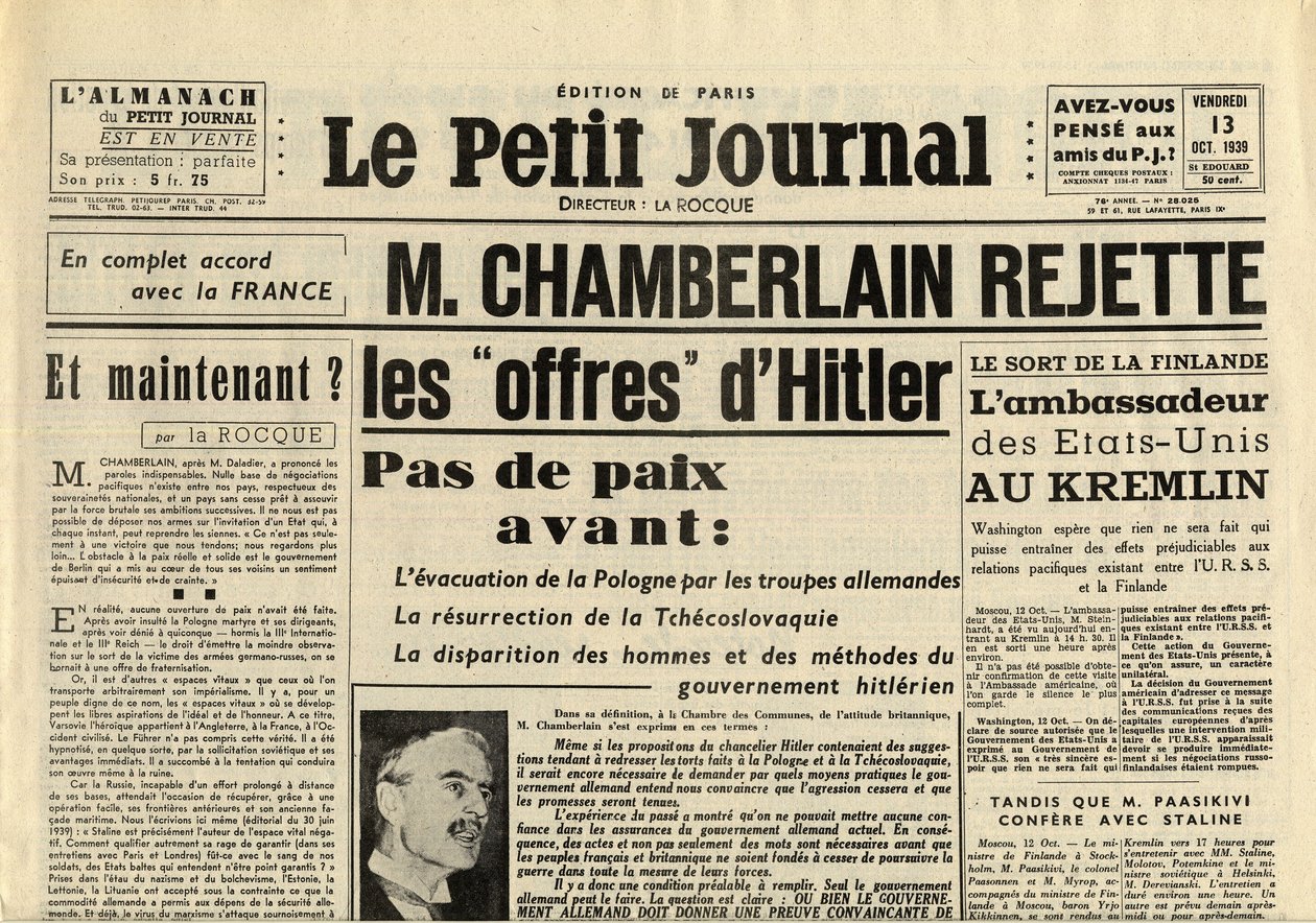 THE SMITTLE JOURNAL FREDAG DEN 13. OKTOBER 1939 Neville CHAMBERLAIN (1869-1940) AFVIS Adolf Hitlers tilbud af Anonymous Anonymous