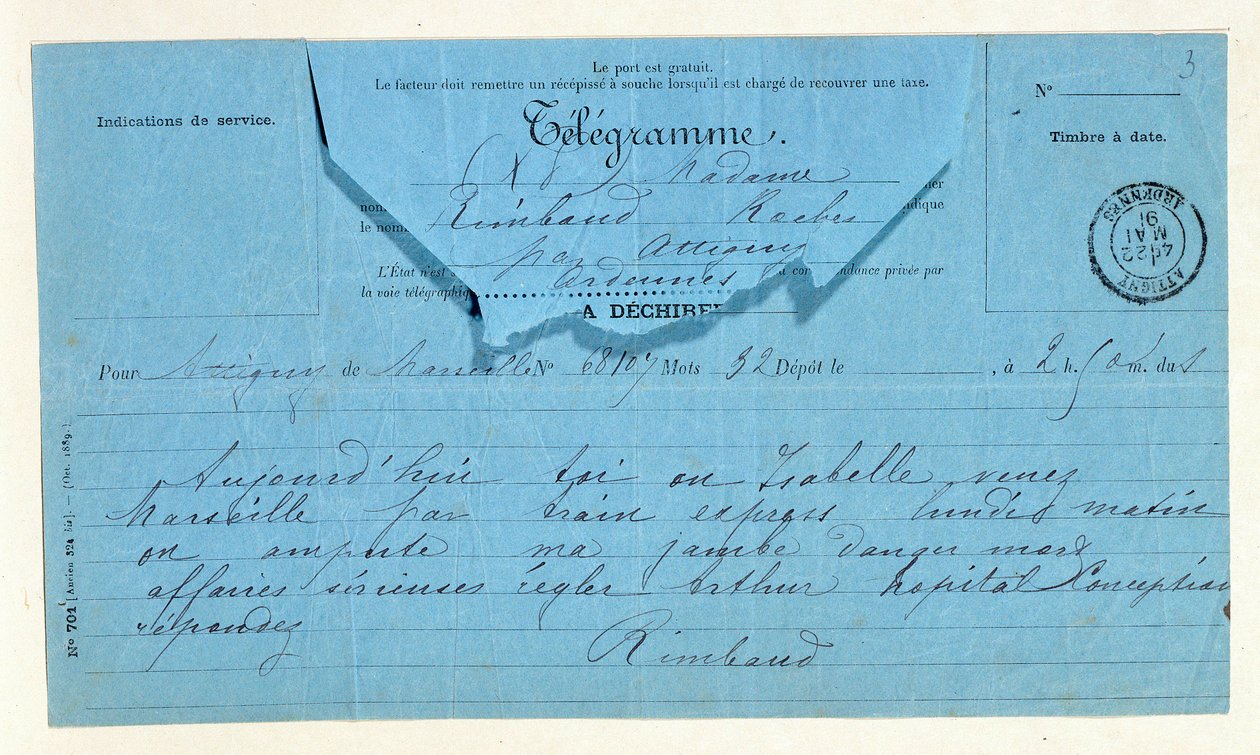 Telegram fra Rimbaud til hans mor, Marseille, 22. maj af Anonymous Anonymous
