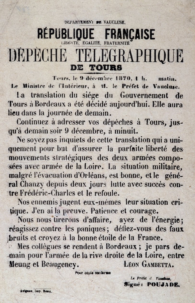 Telegrafiske nyheder om Tours af 9/12/1870 af Léon Gambetta. af Anonymous Anonymous