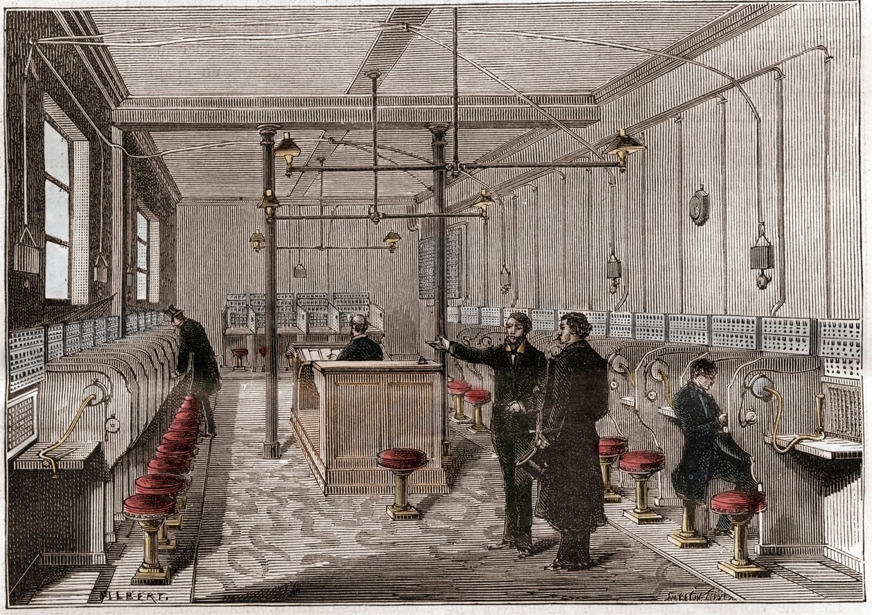 Telefoncentral bygget i henhold til Edison Gower-Bell-systemet for telekommunikation - første centraltelefon i Paris i 1879 - system af amerikaneren Frederick Gower - indgravering i "" La nature"" fra 1880 af Anonymous Anonymous