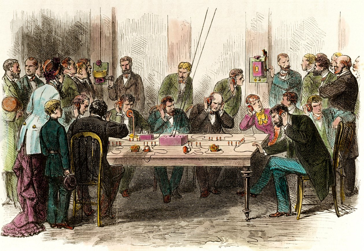 Telefonioplevelse i venteværelset på stationen Saint Lazare (Saint-Lazare) i Paris den 6/09/1879. Indgravering af privatsamlingen fra det 19. århundrede af Anonymous Anonymous