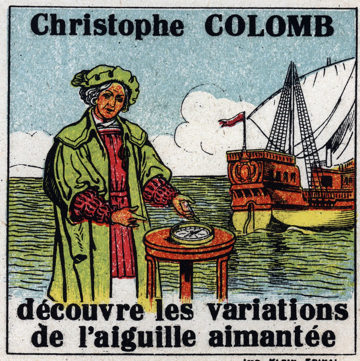 Jordmagnetisme: Christopher Columbus (1451-1506) opdager variationerne af den magnetiske nål på en kompas under sin rejse til Amerika i 1492. Anonym illustration fra 1925. Privat samling. af Anonymous Anonymous