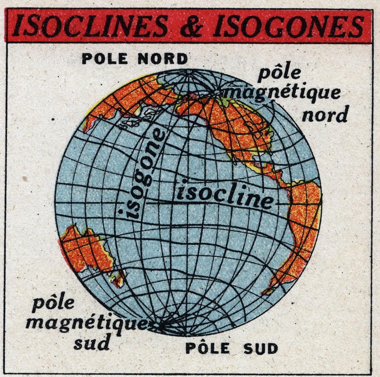 Terrestrisk magnetisme: Magnetisk kort, der viser isokliner og isogoner. Anonym illustration fra 1925. Privat samling. af Anonymous Anonymous