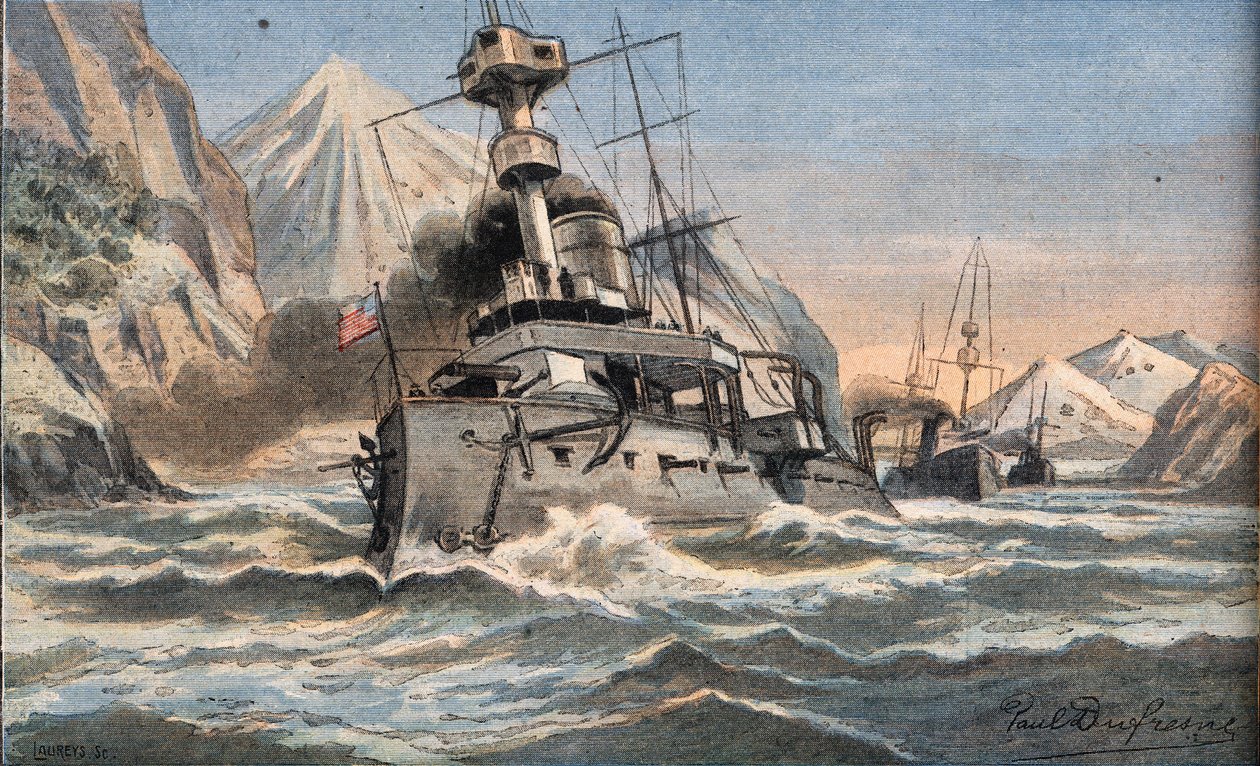 Den amerikanske flåde i Magellan Detroit. Gravering fra avisen "" Le Petro Parisien"", 23/02/1908. Privat samling. af Anonymous Anonymous