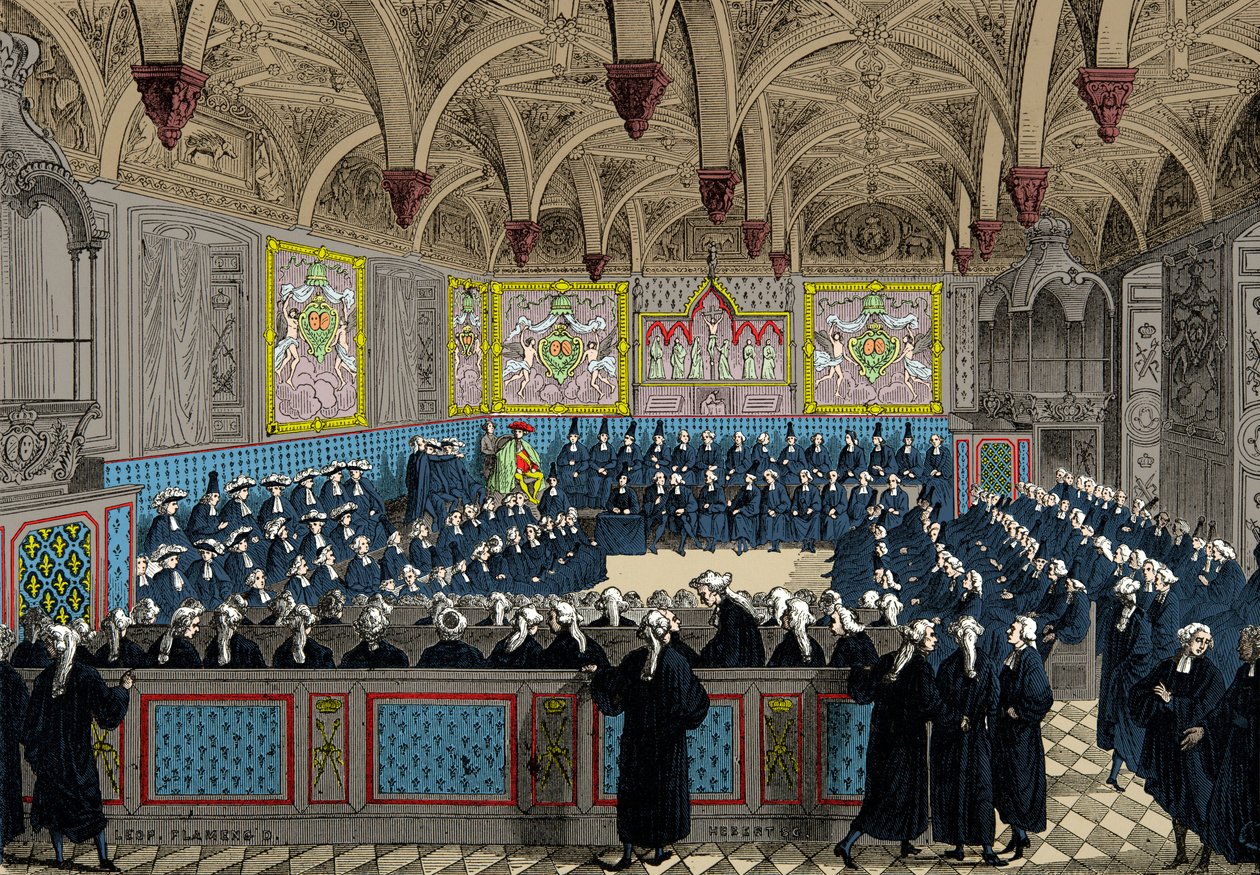 Parlamentsforsamlingen i 1787 i nærværelse af kong Louis XVI, gravering, privat samling af Anonymous Anonymous