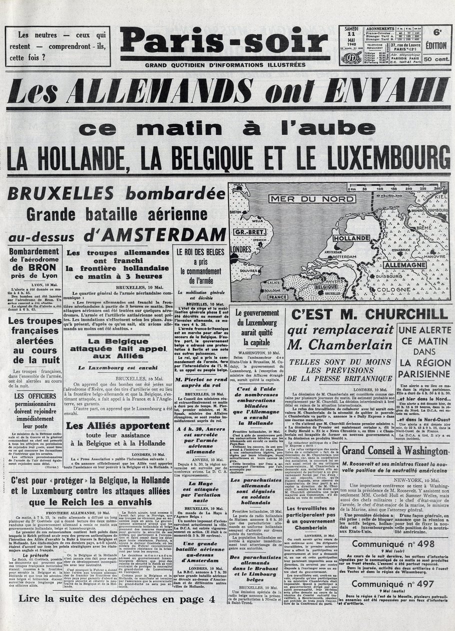 Slaget om Belgien eller belgisk kampagne - 18-dages kampagne - invasion af Belgien af tyske tropper under Anden Verdenskrig - PARIS EVIOR af 11/05/1940 - TYSKERE INNVASEREDE HOLLAND - BELGIEN OG LUXEMBOURG - af Anonymous Anonymous