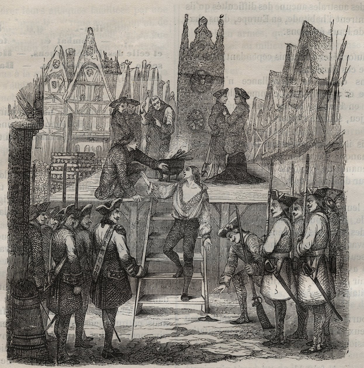 Chevalier Francois-Jean Lefebvre de La Barre (Francois Jean Lefebvre de LaBarre), der steg op til stilladset i 1766. Indgravering i "Historien om fængslerne fra deres skabelse til i dag"" (1877) af Pierre Zaccone (1817-1895) (Colonia Penale - Straffekoloni af Anonymous Anonymous