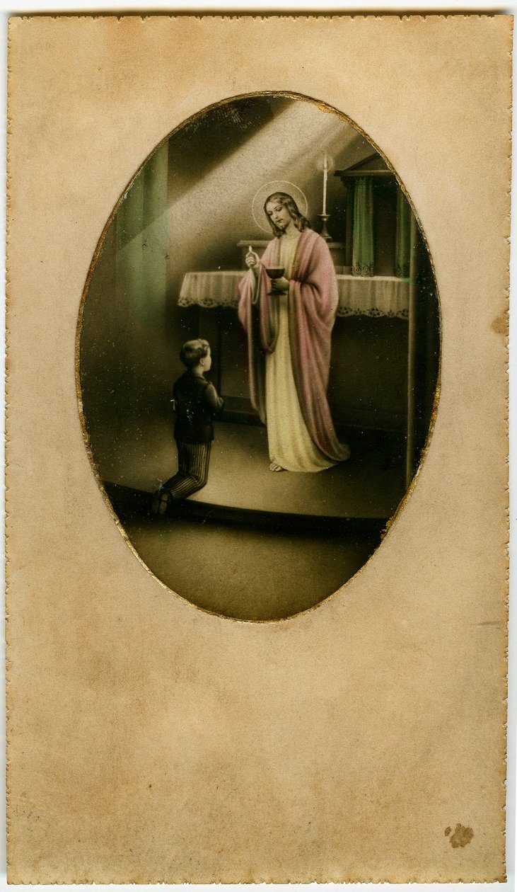 Eukaristien, nadveren, alterets sakramente: et barn foran Jesus (gravering) af Anonymous Anonymous