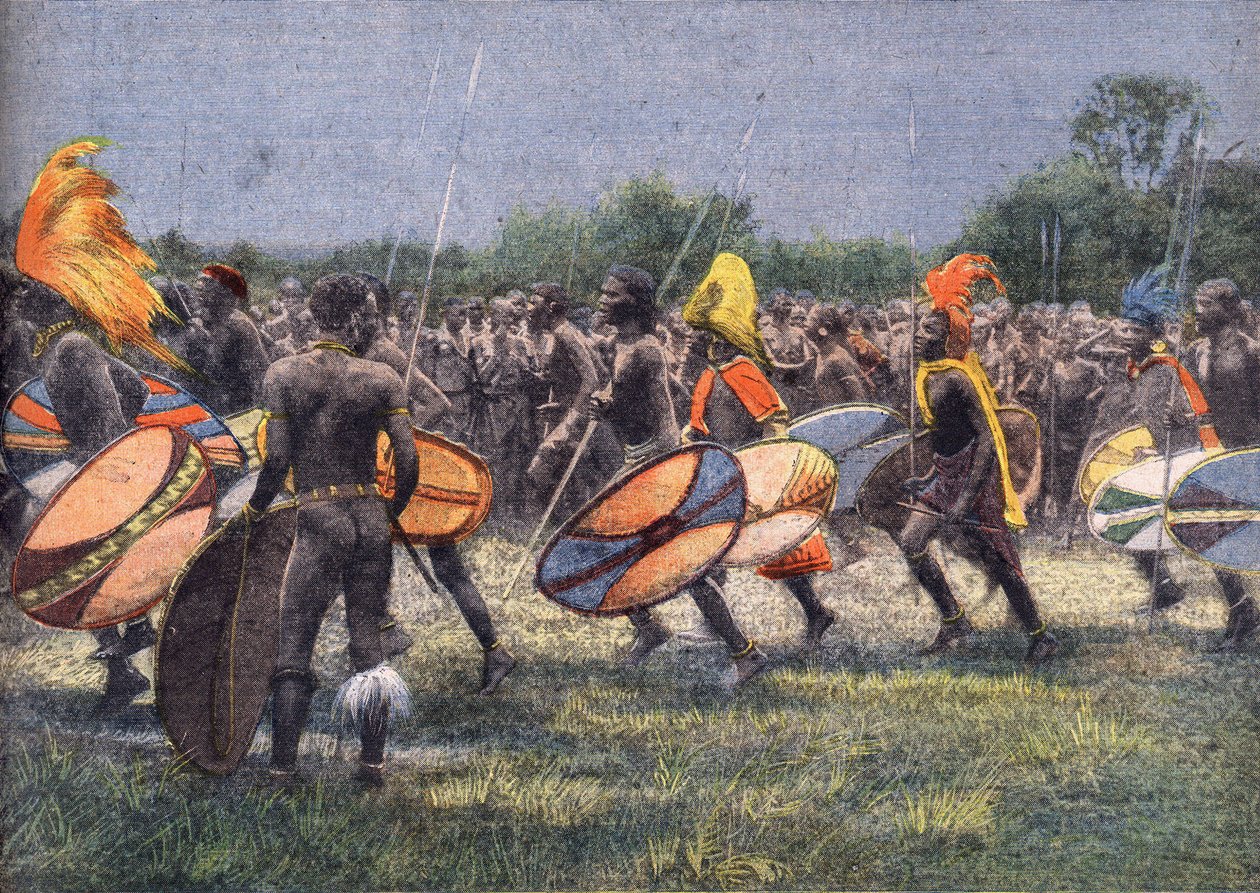 Ekspeditionen af den tidligere amerikanske præsident Theodore Roosevelt (1858 - 1919) til Afrika: Krigerdans i Uganda. Gravering. En af avisen "" Le petit parisien"" den 24/04/1910. Privat samling. af Anonymous Anonymous
