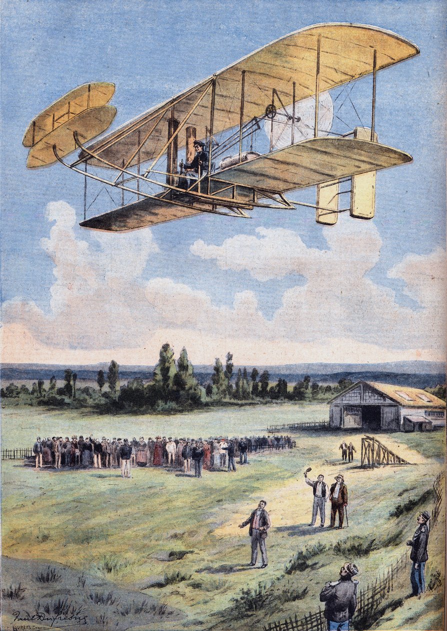 The Flying Men: Wilbur Wrights (1867-1912) oplevelser over Hunaudieres racerbanen, nær byen Le Mans. Gravering fra avisen "" Le Peute Parisien"", den 30/08/1908. Privat samling. af Anonymous Anonymous