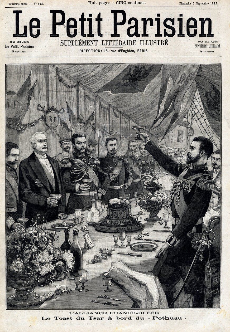 Den fransk-russiske alliance: skålen for zar Nicholas II (1868-1918) til ære for den franske præsident Felix Faure (1841-1899) ombord på Pothau. I "" Le Petit Parisien"" den 5/09/1897. Privat samling af Anonymous Anonymous