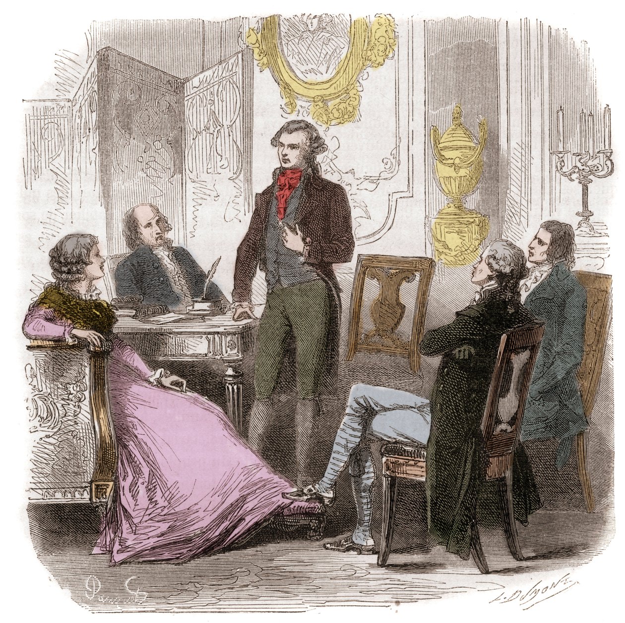 Girondinerne i hjemmet Madame Roland - Reunion des Girondins chez Madame Roland (Manon (Jeanne Marie) Roland Philipon) (1754-1793) - Indgravering i "Histoire des Girondins" af Alphonse de Lamartine (1790-1869) 1865-1866 kollektion af Anonymous Anonymous
