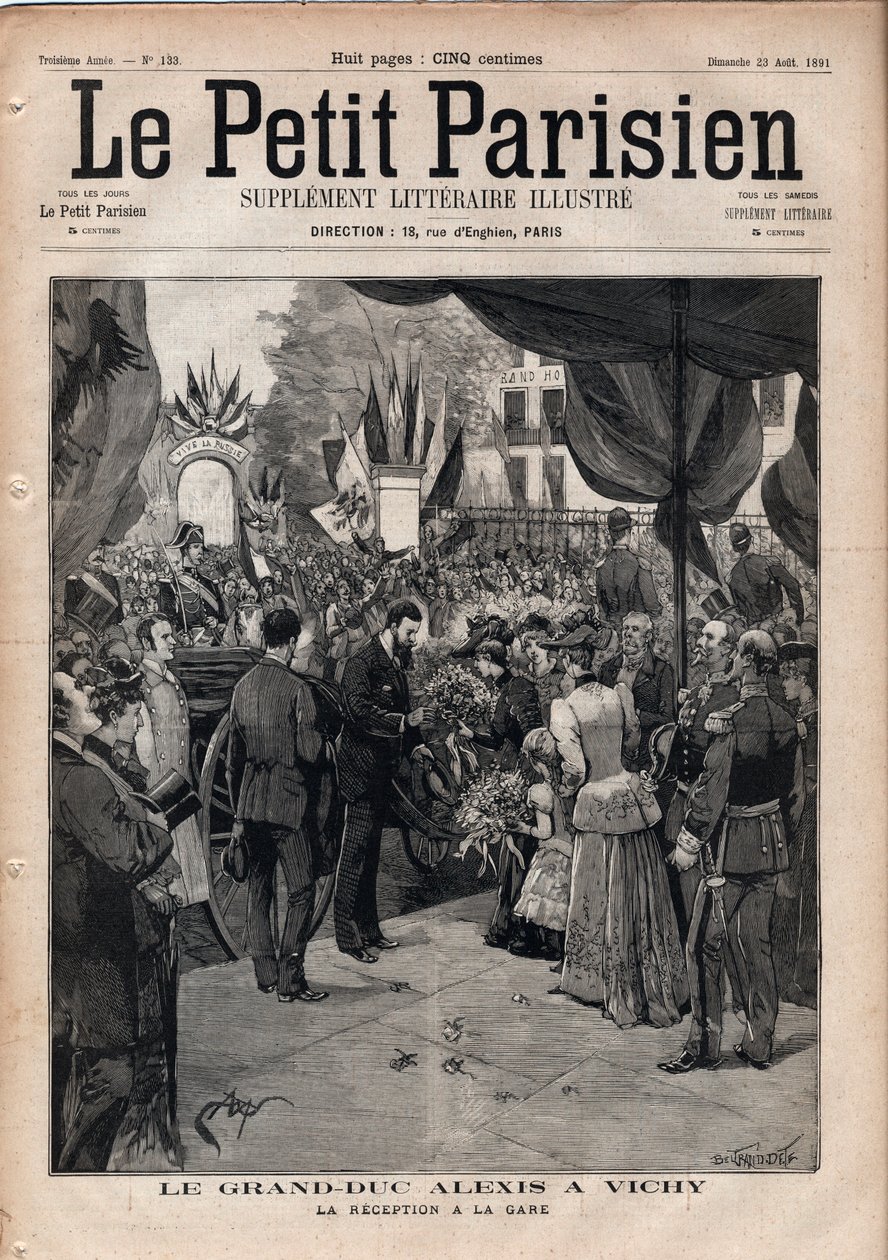 Storhertug Alexis Alexandrovich (Aleksei Aleksandrovich Romanov) (1850-1908) i Vichy - Receptionen på togstationen - Indgravering i "Le petit Parisien"" fra 1891 - Privat samling af Anonymous Anonymous