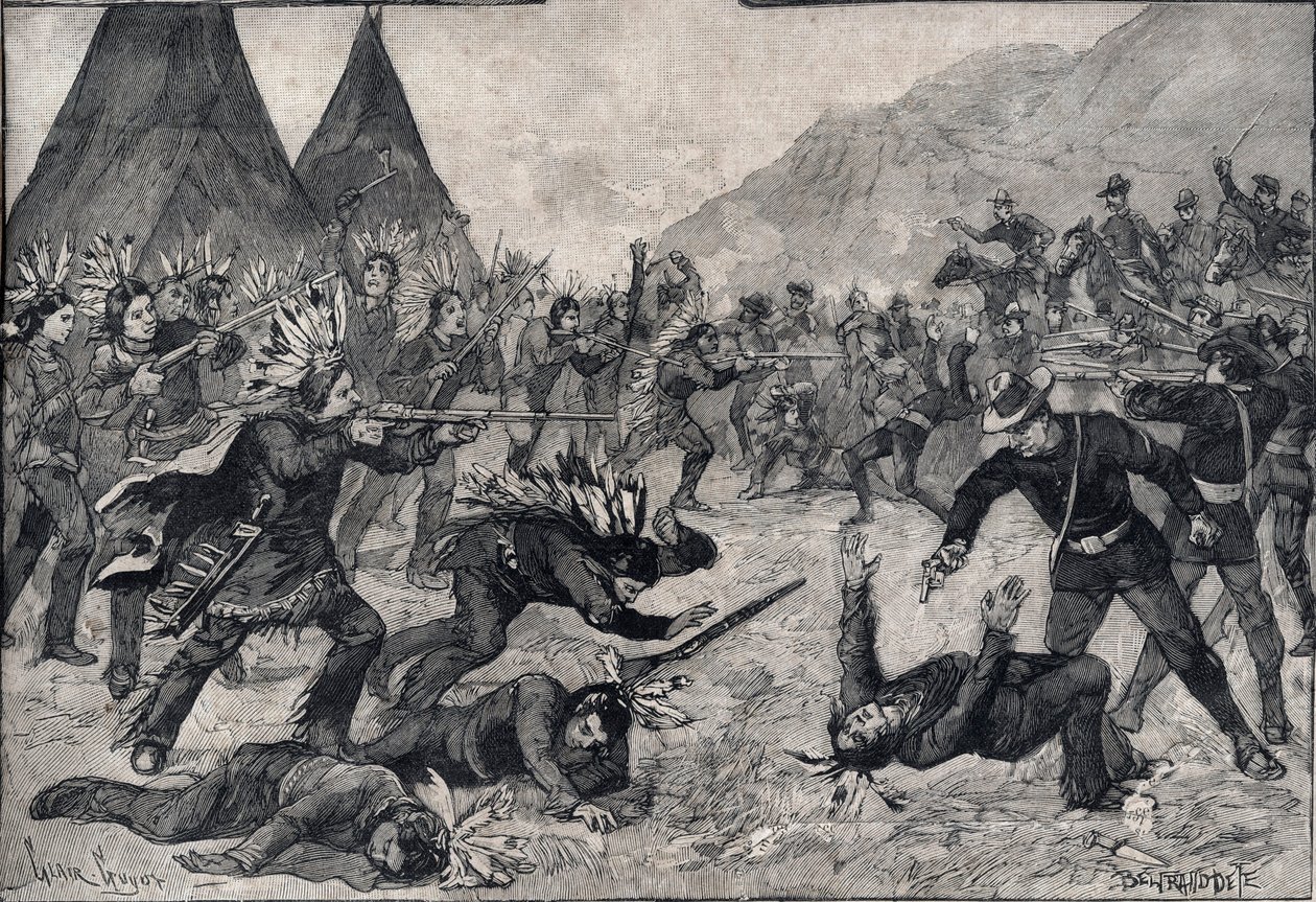 Det indiske oprør i USA: en kamp mellem sioux-indianere og amerikanske tropper. Stik i "" Le petit Parisien"" fra 1891. Privat samling. af Anonymous Anonymous