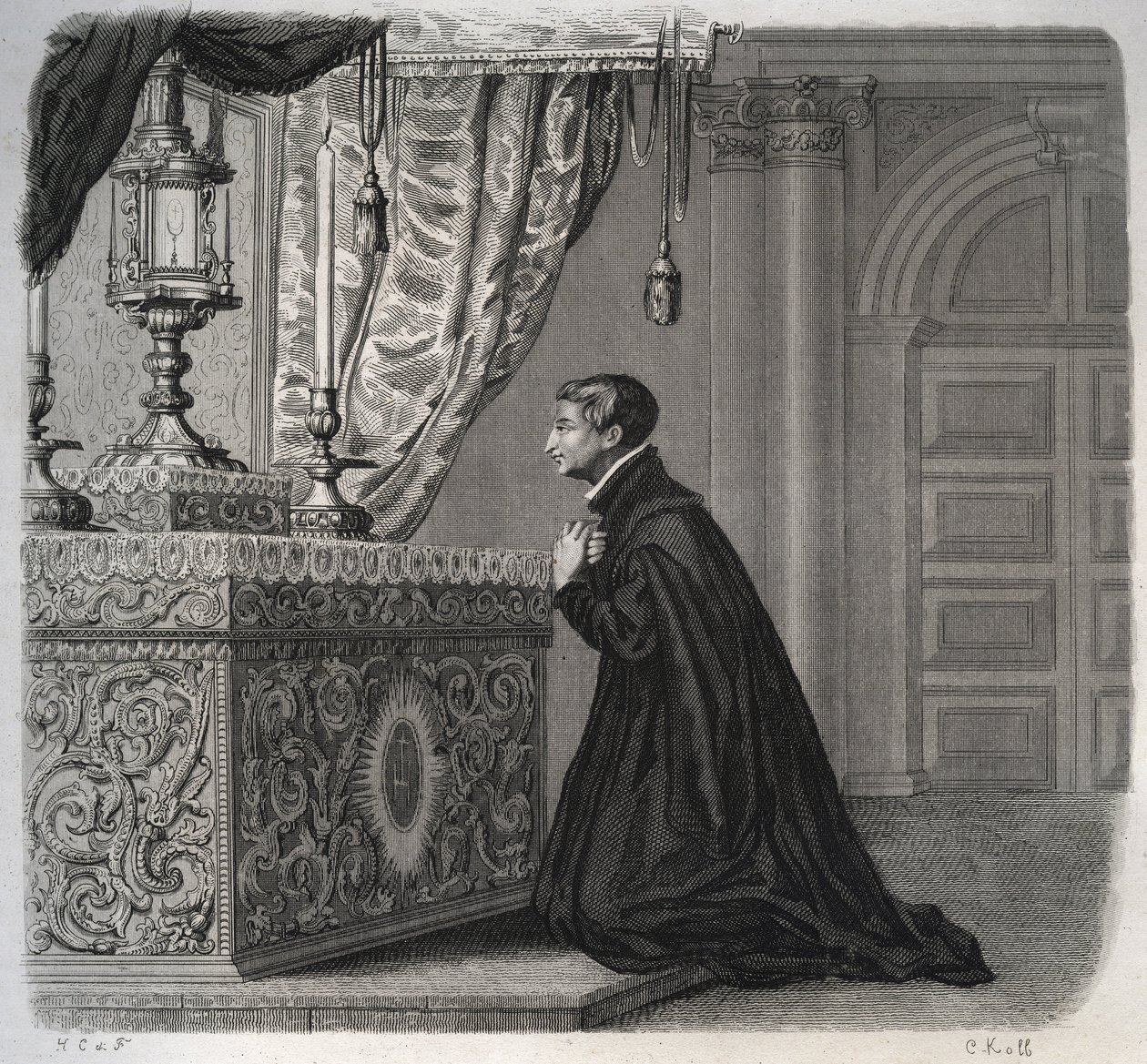 Den italienske jesuite Louis de Gonzague (San Luigi Gonzaga) (1568-1591) i bøn. Indgravering fra 1846 i ""De helliges liv"". Privat samling. af Anonymous Anonymous