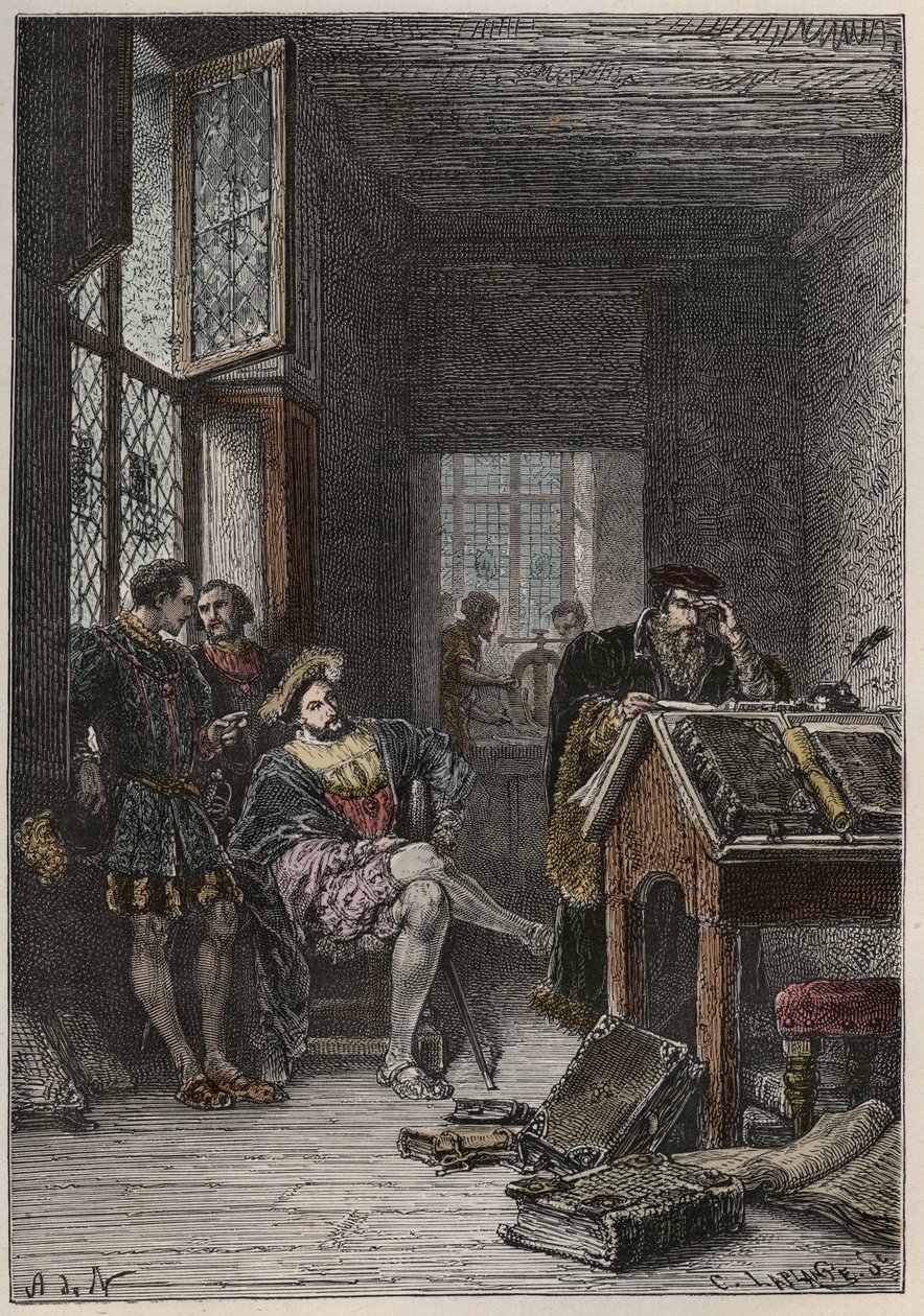 Kongen af Frankrig Francois I (1494-1547), beskytter af kunst og bogstaver, besøger værkstederne hos trykkerierne Estienne (Robert Estienne), omkring 1540 (kongen af Frankrig Frans I besøger de kongelige typografers Estiennes værksteder af Anonymous Anonymous
