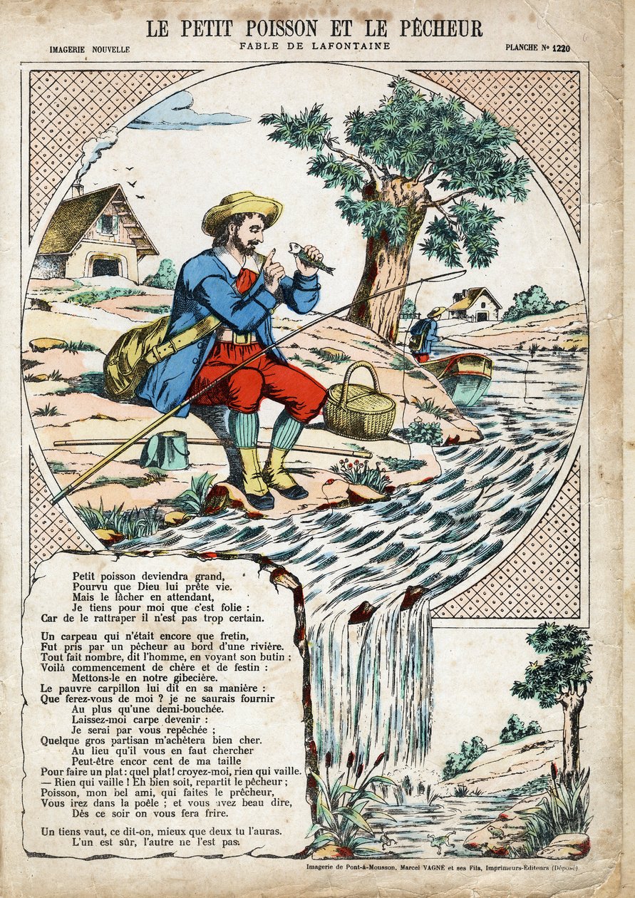 Den lille fisk og fiskeren. Anonym illustration til Les Fables af Jean de LA FONTAINE (Lafontaine) (1621-1695). Billeddannelse af Pont-a-Mousson, ca. 1880. Privat samling. af Anonymous Anonymous