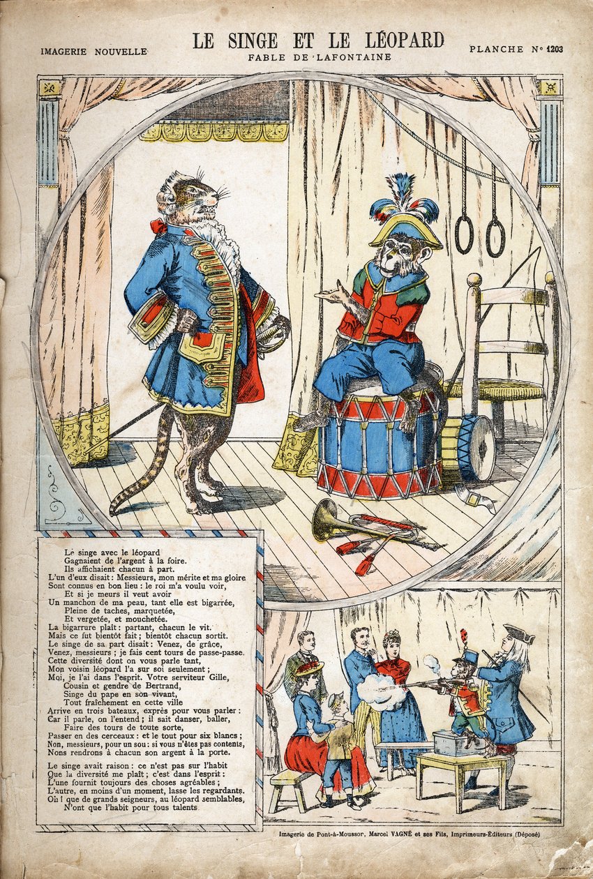 Aben og Leoparden. Anonym illustration til Les Fables af Jean de LA FONTAINE (Lafontaine) (1621-1695). Billeddannelse af Pont-a-Mousson, ca. 1880. Privat samling. af Anonymous Anonymous