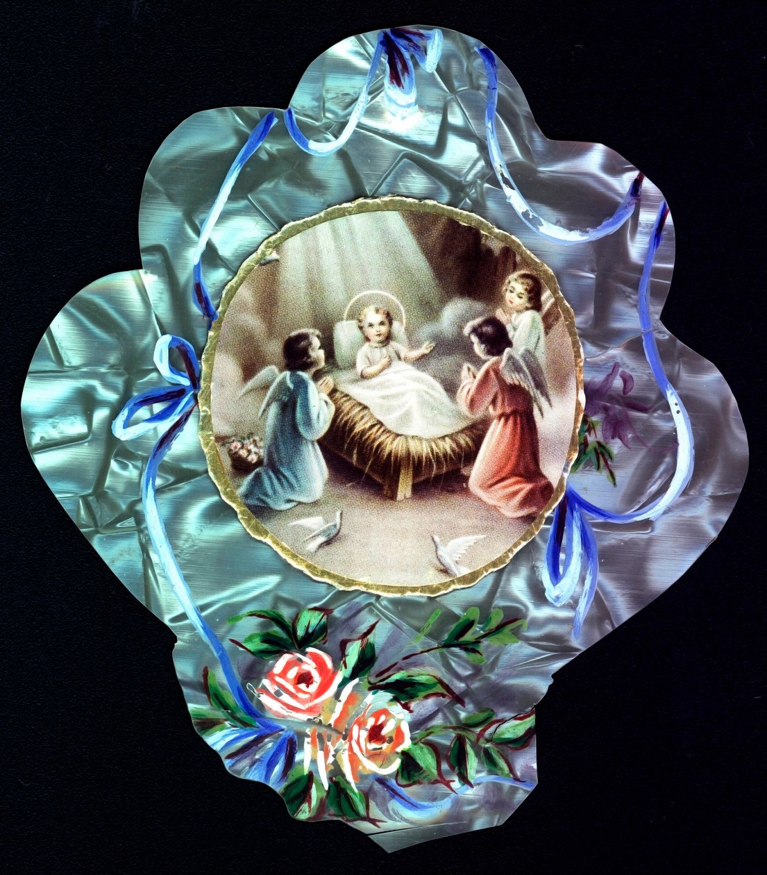 Nativiten. Barnet Jesus omgiver engle Fromme billede. Dentelee postkort. Privat samling af Anonymous Anonymous