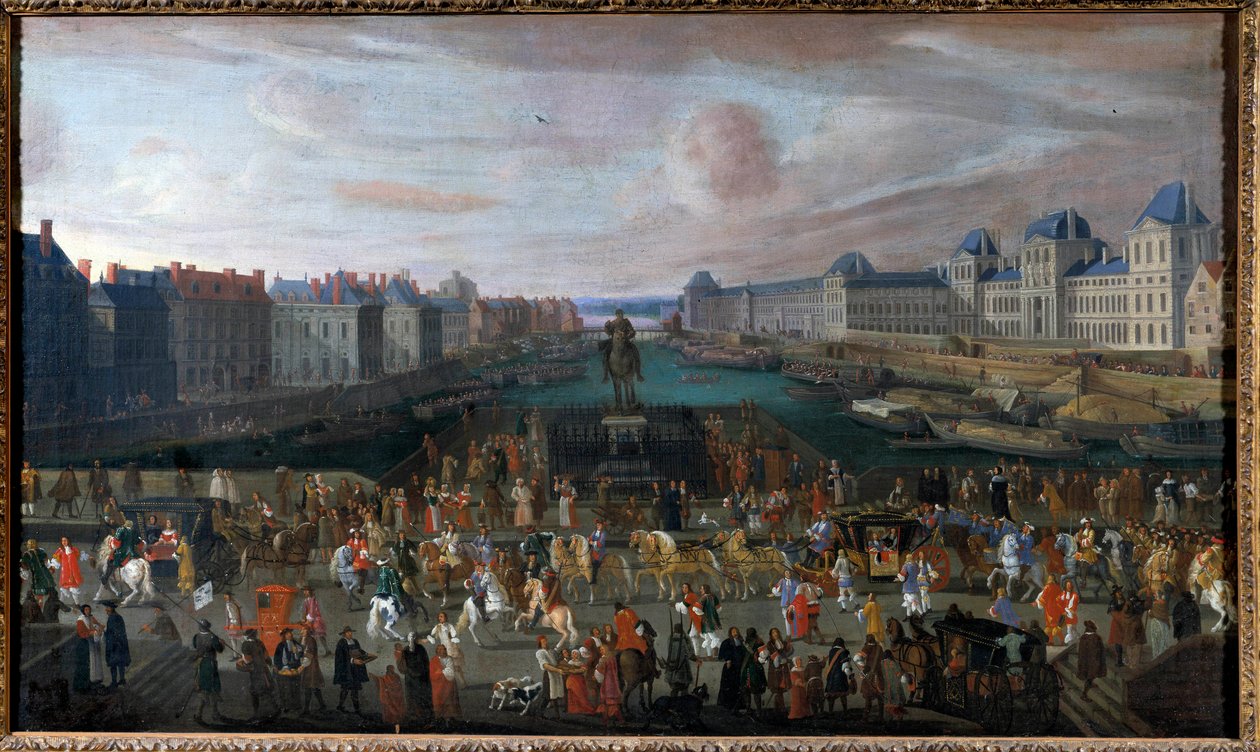 Pont Neuf set fra indgangen til Place Dauphine, Quai Malaquais med College of Four Nations (Institut de France) under opførelse Grande Galerie og Louvre ved passagen af et cortege Anonymous-maleri. 1665. Dim. 0,74 x 1,25 m. af Anonymous Anonymous