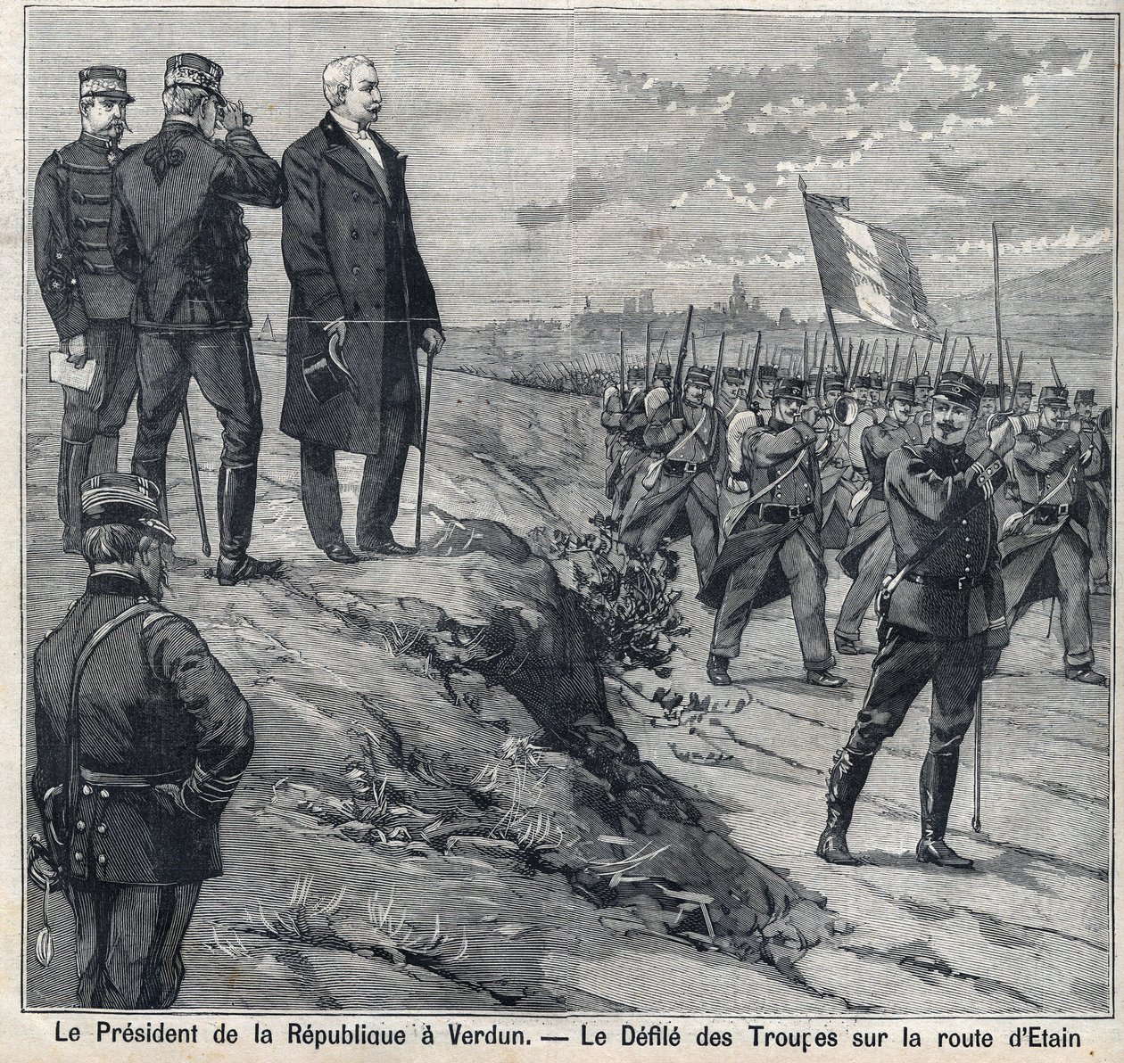 Republikkens præsident Felix Faure (1841-1899) besøger Verdun (Meuse): besmittelsen af militærskolen på Etins vej. Gravering i "" Le Petro Parisien"" af Anonymous Anonymous